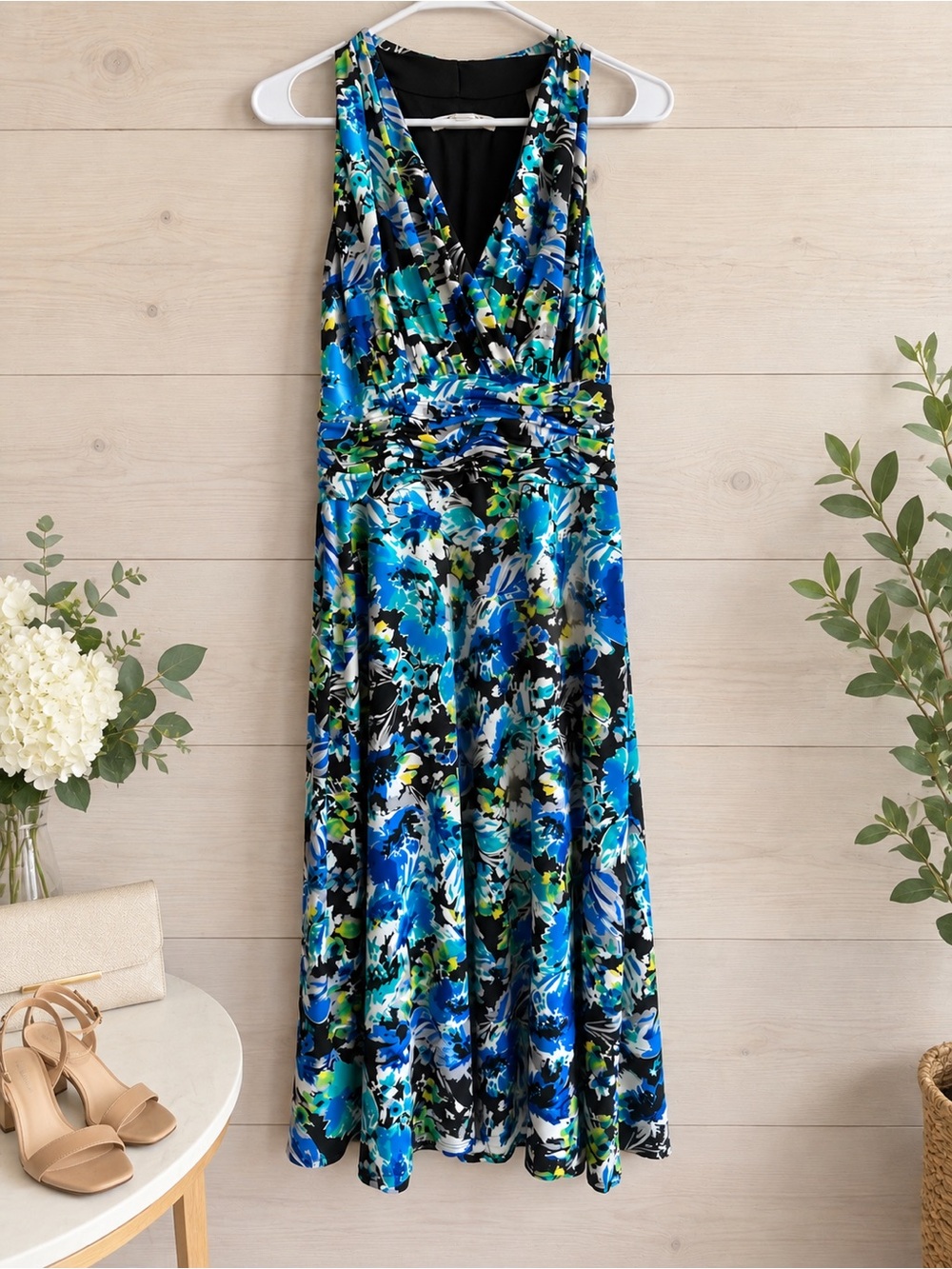 Evan-Picone Floral Ruched Waist Maxi Dress Blue Black Size 6